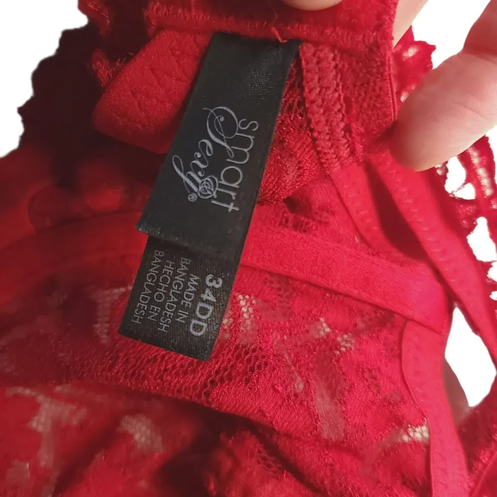 Smart & Sexy Lace Bra 34DD Red Lacey Underwire Bra Excellent Preowned Condition
